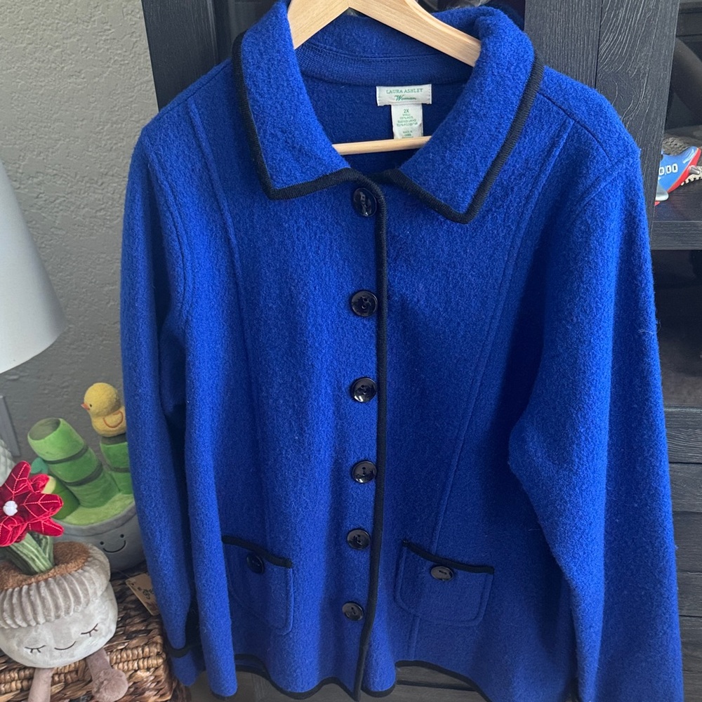 Laura Ashley Cobalt Blue Wool Pea Coat with Black Trim